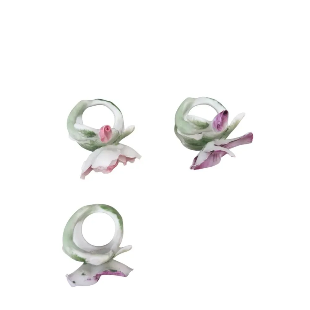 Vintage Japan Porcelain Floral Napkin Rings Hand Painted Purple Flowers Set of 3